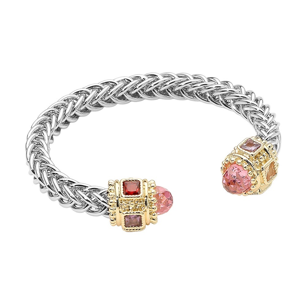 14K Gold Plated Two Tone Braided Cuff With Pink Cabochons